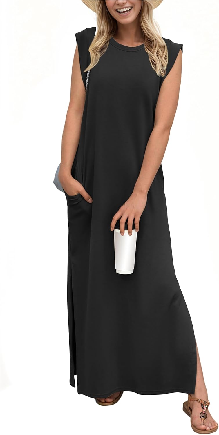GRECERELLE 2025 Women Year-Round Casual Round Neck Loose Split Wrinkle-Free Long Maxi Vacation Dress with Pockets (XS-3XL)