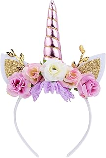 Nishine Unicorn Horn Floral Headband Glitter Ears Pony Head Bands Tiara for Girls Party Birthday Cosplay