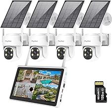10 Channels Expandable Solar Security Cameras Wireless System Outdoor, 4PCS 2K Home PTZ Surveillance Camera with 10" Monitor, 2-Way Audio, Color Night Vision, 2.4G WiFi, IP66, 128G Storage