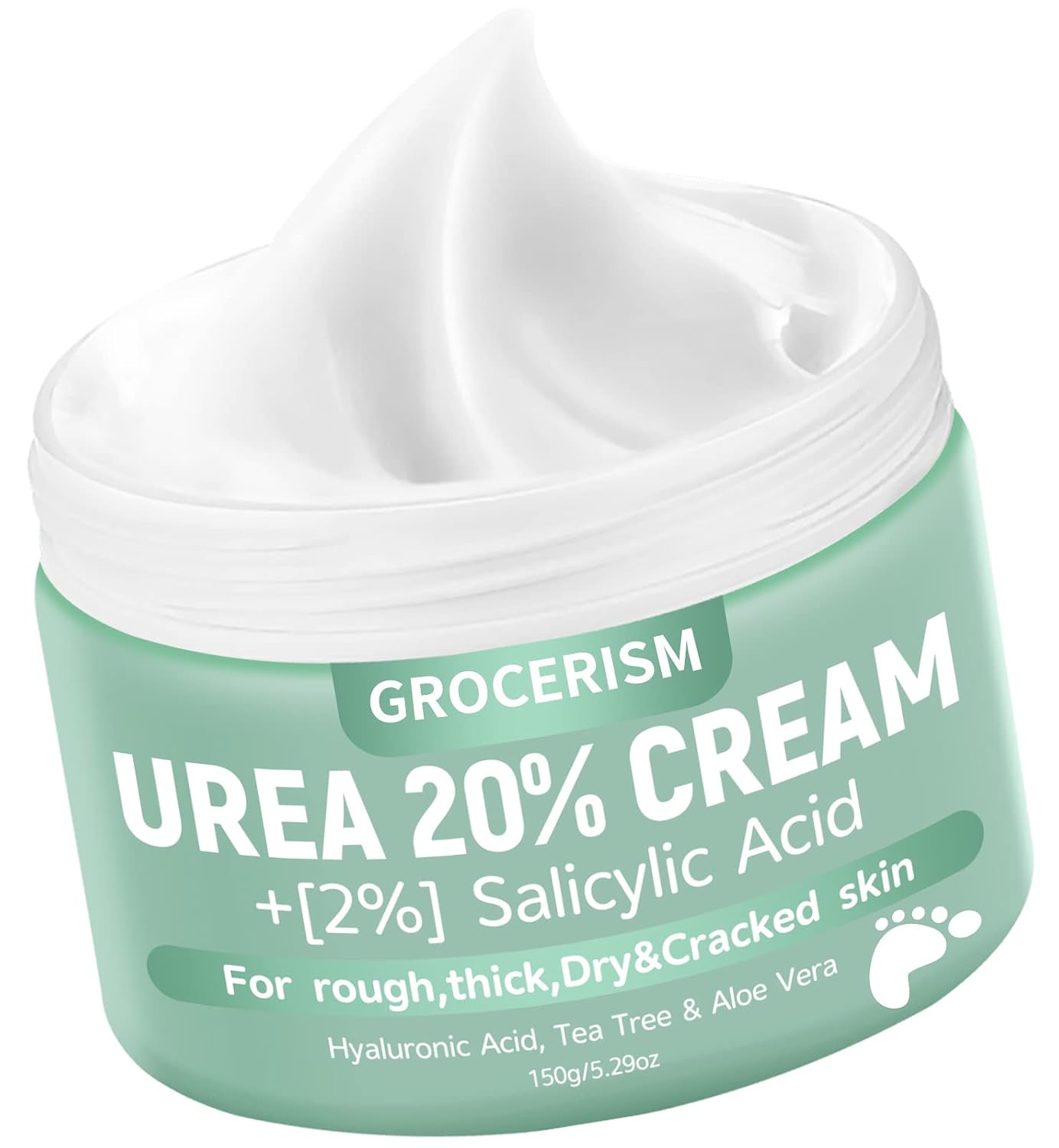Grocerism 20% Urea Foot Cream with 2% Salicylic Acid for Dry Skin, 5.29 oz | for Daily Foot Care; Softens Rough Skin on Heels, Hands and Knees with Hyaluronic Acid, Tea Tree and Aloe Vera