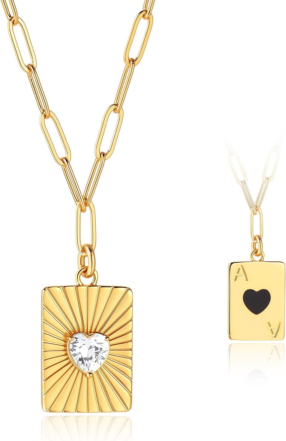 Cicy Bell 18K Gold Plated 2 Side Ace of Hearts Necklaces for Women Dainty Paperclip Chain Cubic Zirconia love Heart Square Pendant Necklaces Trendy Jewelry Gifts
