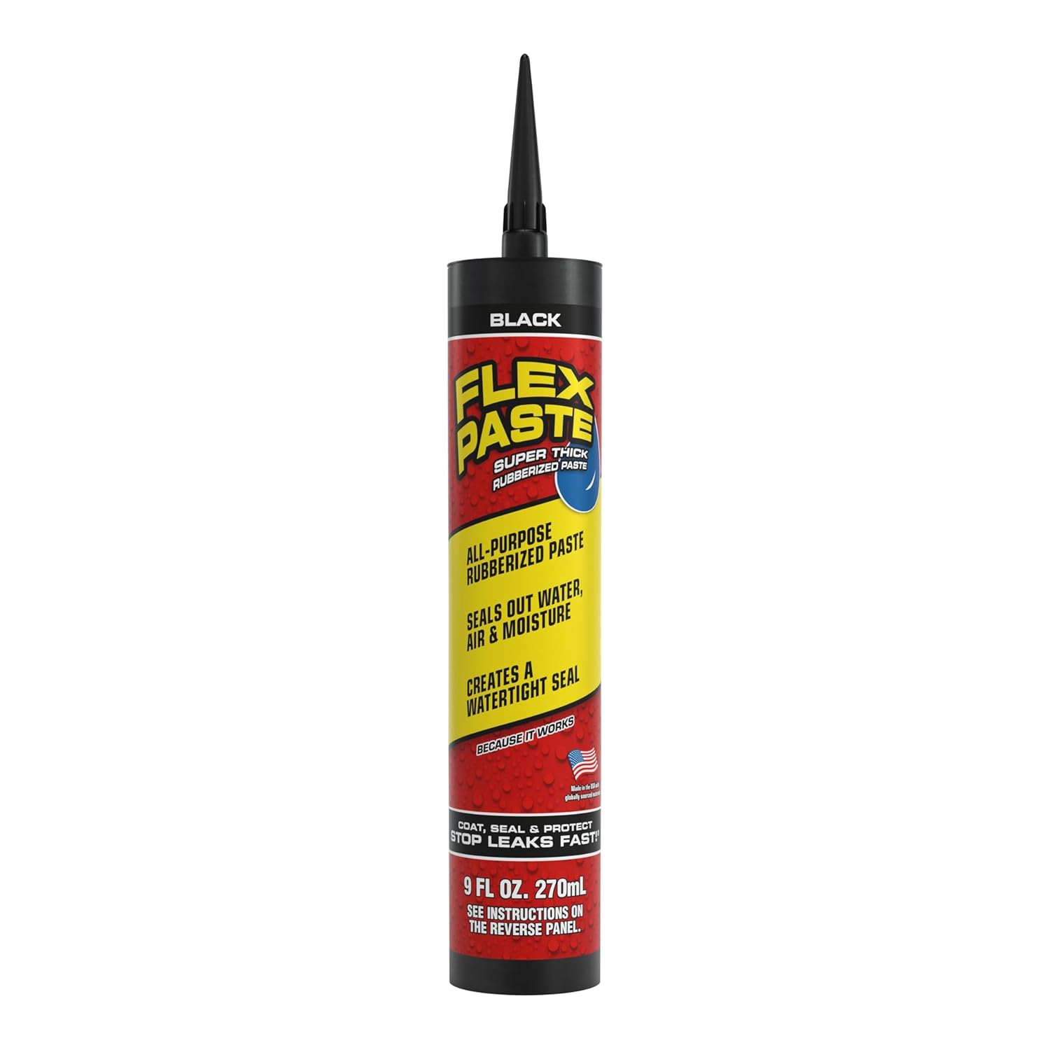 Flex Paste, 9 oz Cartridge, Black, Waterproof Paintable Putty, Spackle Sealant, Fill Gaps Cracks Holes - Block Out Water and Air - UV Resistant - Walls, Drywall, EPDM, Concrete, Roof, RV Repairs