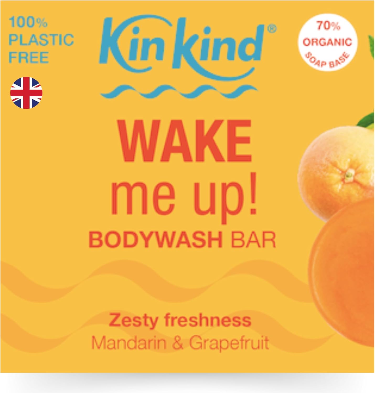 KinKind WAKE me up! BodyWash bar. Zesty freshness with foaming Mandarin and Grapefruit fragrance. Up to 30 washes, plastic & paraben free. Vegan. UK hand-made.