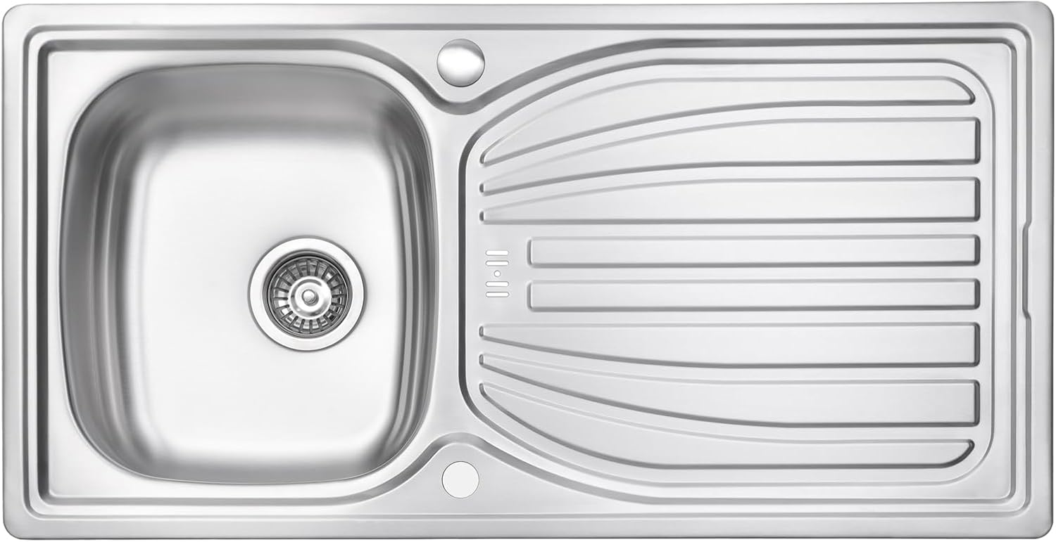 JASSFERRY Stainless Steel Kitchen Sink Single 1.0 Bowl Reversible Top Overflow Hole with Waste Pipes Clips, 980 x 510 mm