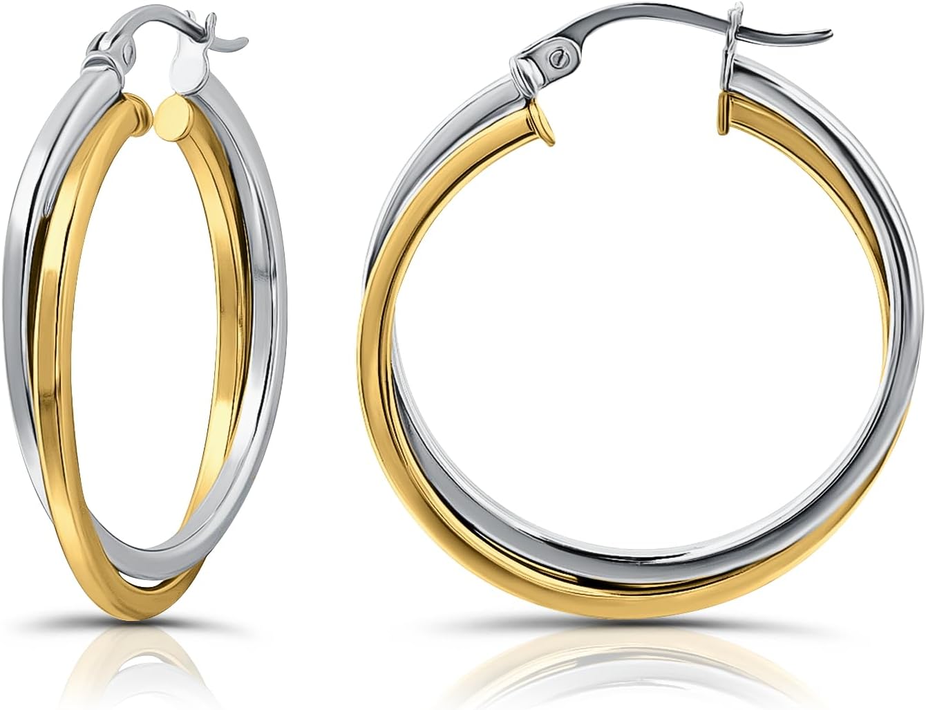 Hoops & Loops 925 Sterling Silver Two-Tone Intertwining Round Double Square-Tube Hoop Earrings for Women, 20mm, 25mm, 35mm Silver, Yellow Gold, Rose Gold, Black
