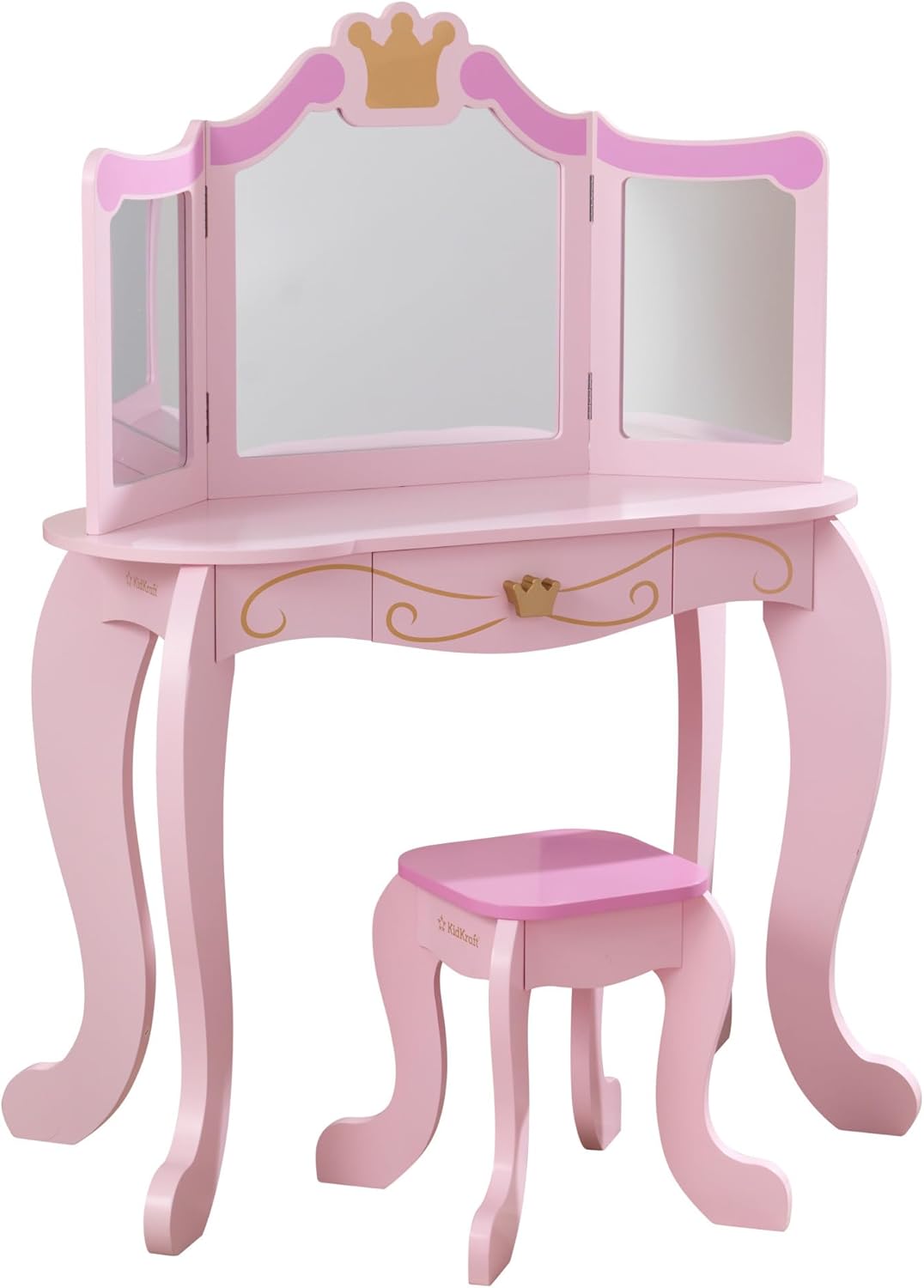 KidKraft Princess Wooden Vanity Table and Stool for Kids, Dressing Table with Mirror and Stool, Kids' Desk with Drawer, Children's Playroom/Bedroom Furniture, 76123