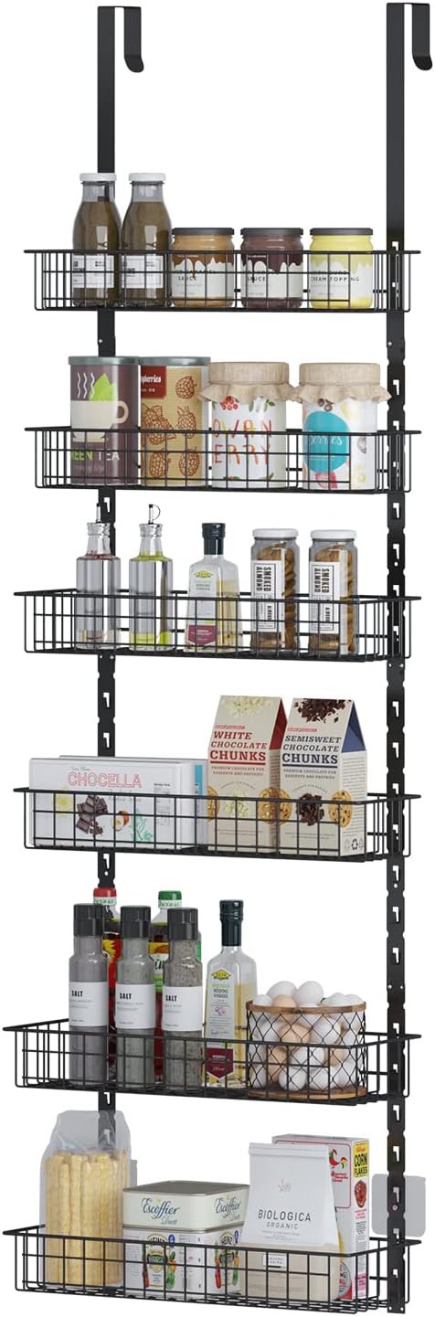 6-Tier Pantry Door Organizer, Heavy-Duty Metal Hanging Spice Racks with 6 Adjustable Baskets for Storing Cans, Spice, Plastic Wraps, Garbage Bags, etc