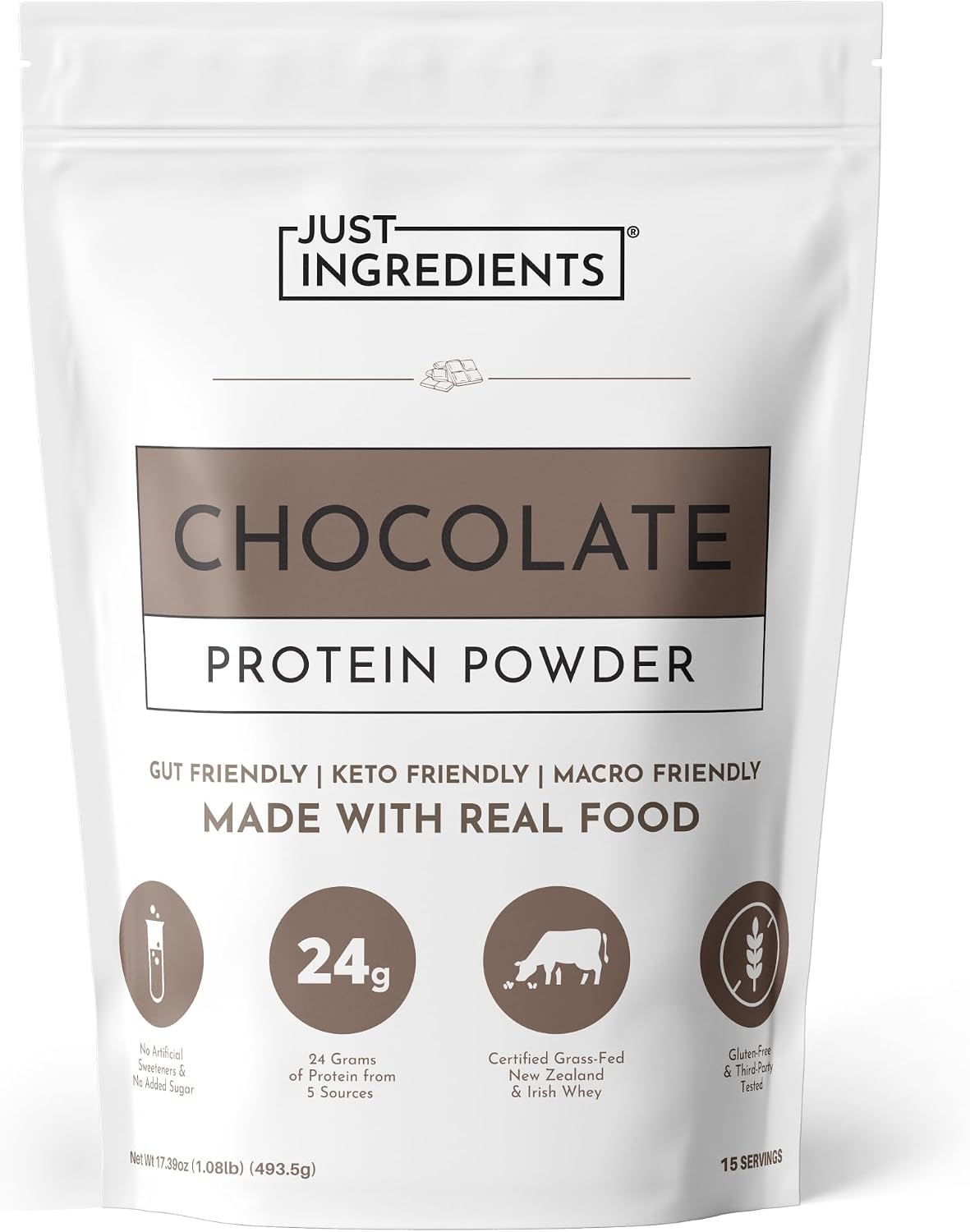 JUST INGREDIENTS Chocolate Protein - Grass-Fed Whey - 15 Servings 24g | Multi Source Blend, Pea Pumpkin Chia, Added Collagen, Gluten Free, Keto Friendly, Sugar Free, Soy Free, No Artificial Flavors