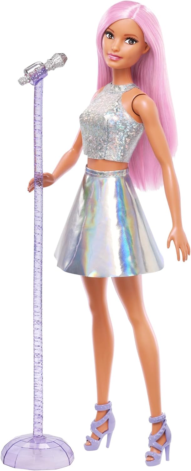 Barbie Pop Star Doll Dressed In Iridescent Skirt with Microphone and Pink Hair, Gift for 3 to 7 Year Olds, JCW42