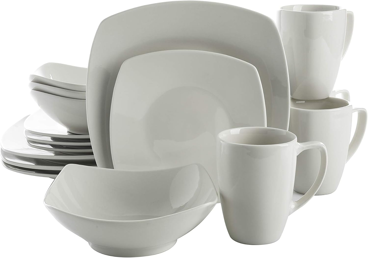 Gibson Home Zen Buffet Porcelain Chip and Scratch Resistant Dinnerware Plates, Bowls, and Mugs Set, Service for 4 (16pcs), White (Square Dishes)