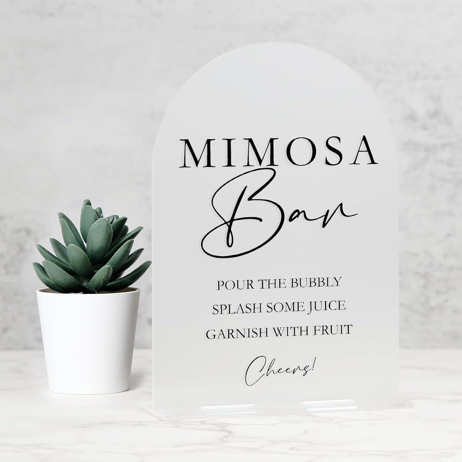 Frosted Acrylic Mimosa Bar Sign - Arched Wedding Sign and Base, 1/8" Thick | Modern Calligraphy Arch Sign for Wedding & Party (Frosted With Black Font, 5x7 Inch)