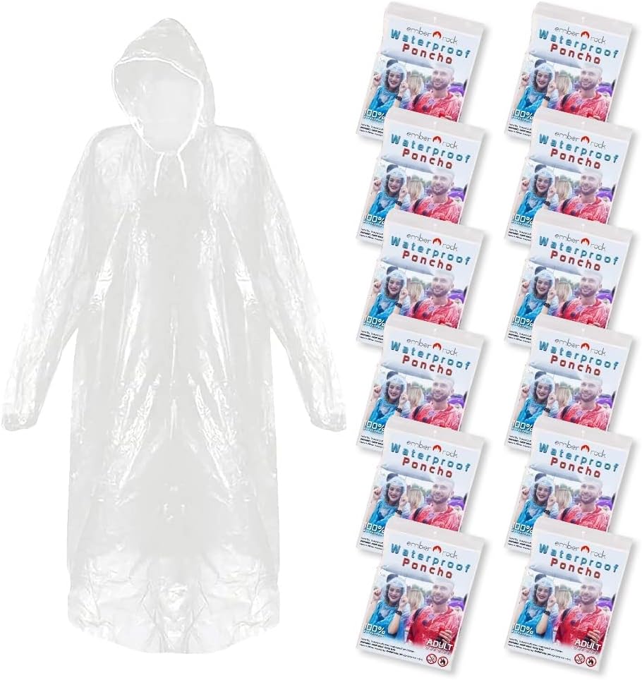 Disposable Rain Poncho - 12 Pack Waterproof Emergency Raincoats - Hood & Sleeves - Men & Women