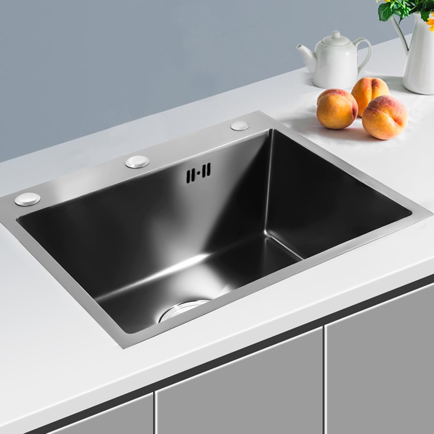 Black Kitchen Sink 201 Stainless Steel Single Bowl Sink 50 X 45cm Inset Sinks with Drainage Hose, Soap Dispenser and Strainer for Home Restaurant Laundry