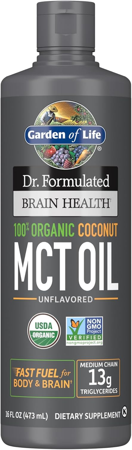 Garden of Life Dr. Formulated Brain Health 100% Organic Coconut MCT Oil 16 fl oz Unflavored, 13g MCTs, Keto & Paleo Diet Friendly Body & Brain Fuel, Certified Non-GMO Vegan & Gluten Free, Hexane-Free