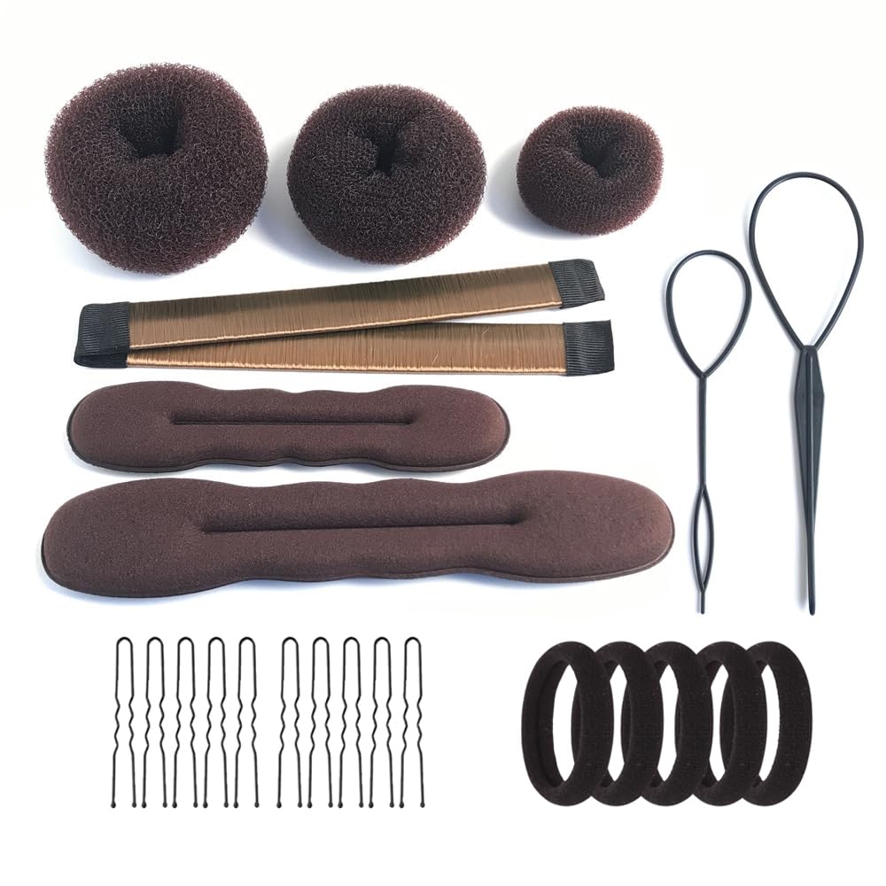 Hair Accessories Set - Foam Sponge Bun Shapers, Magic French Twist Clip, Snap Bun Makers, Elastic Bands, and Hair Pins (Brown)