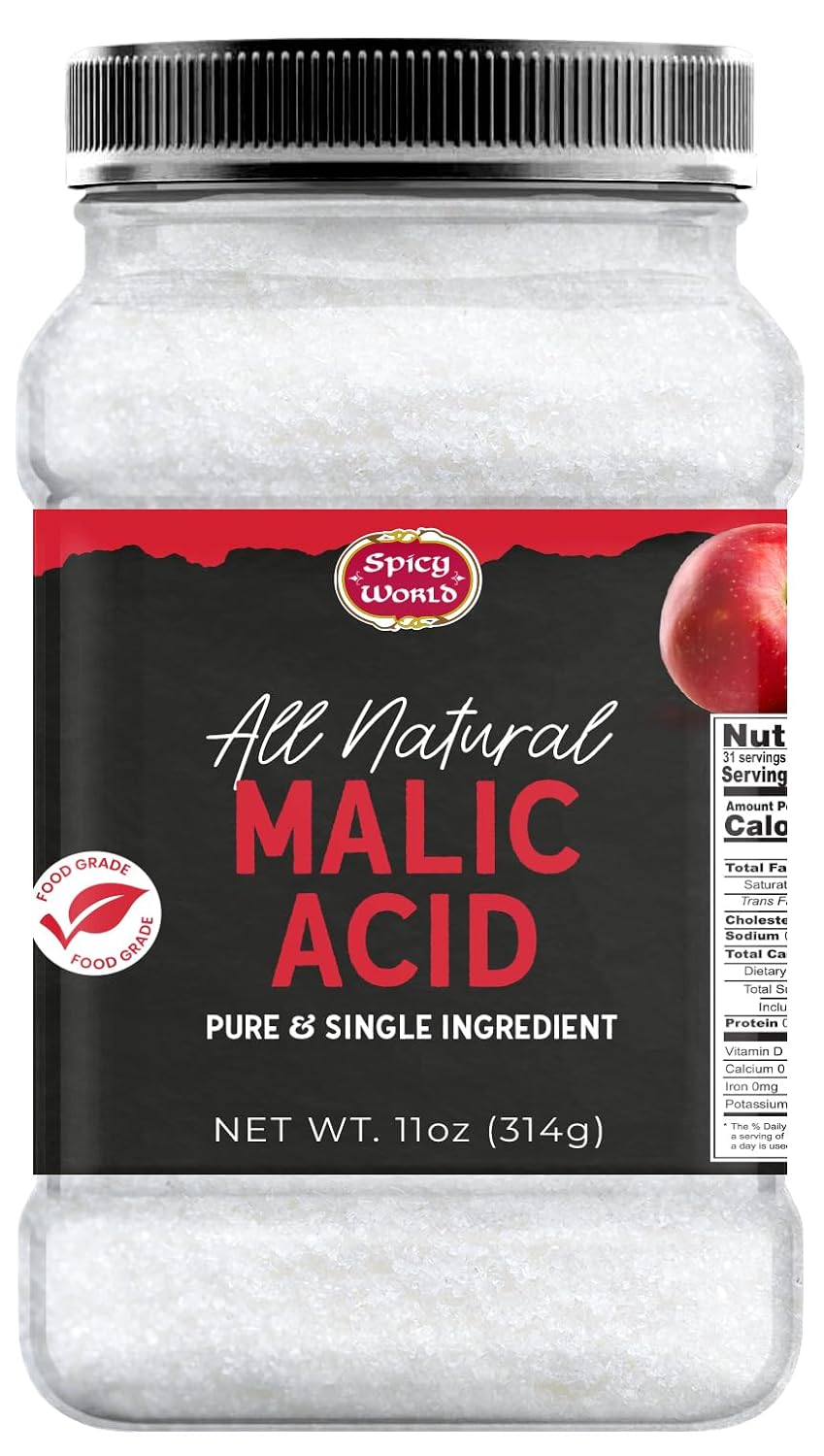Malic Acid Powder 11 oz Jar - Pure & All Natural, Food Grade, Crystals, Tart Flavor, Gluten Free, Non-GMO by Spicy World