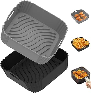 Redfly 2 Pack Air Fryer Silicone Liners, Square Airfryer Liners, Silicone Air Fryer Liners Reusable for 4-5.5 QT, Air Fryer Accessories Replacement for Parchment, Airfryer Liners Silicone Gray&Black