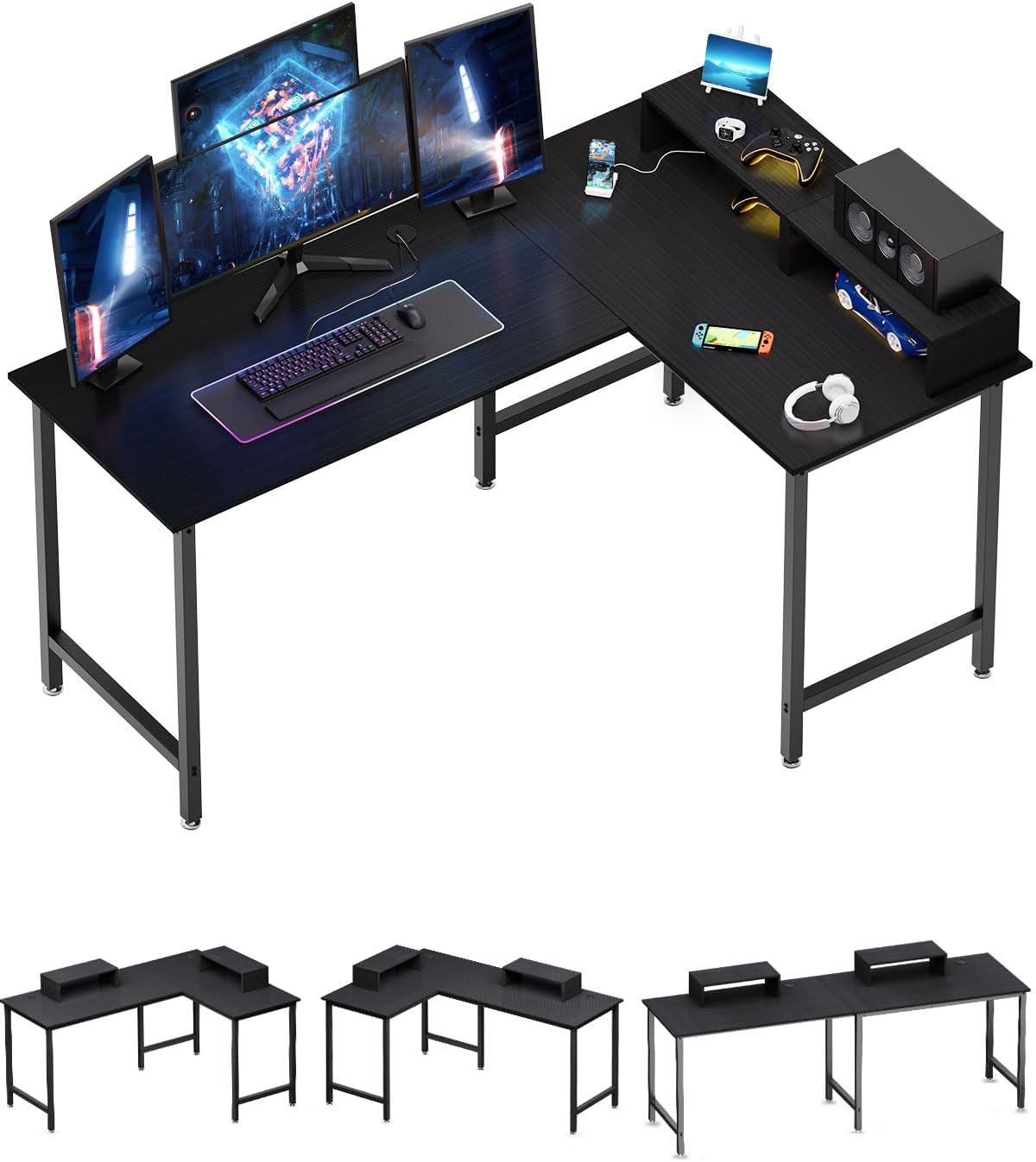 L Shaped Desk, 58" Computer Desk with Storage, Gaming Desk with Monitor Stand Shelf, Reversible Corner Desk, Home Office Modern Simple Wooden Desk, Black