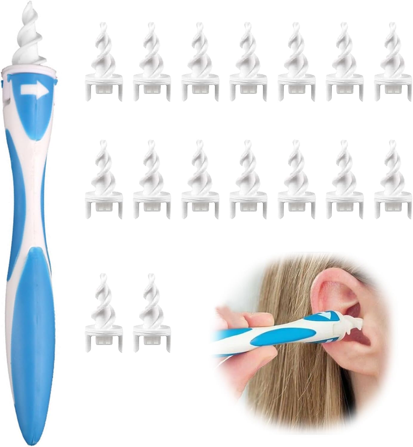 Ear Wax Remover, Safe and Effective Ear Wax Removal Tool, Spiral Ear-Wax Removal 16 Washable Soft Tips, Reusable Ear-Wax Remover Kit, Silicone Ears Cleaner, Suitable for Adults & Kids(Blue)