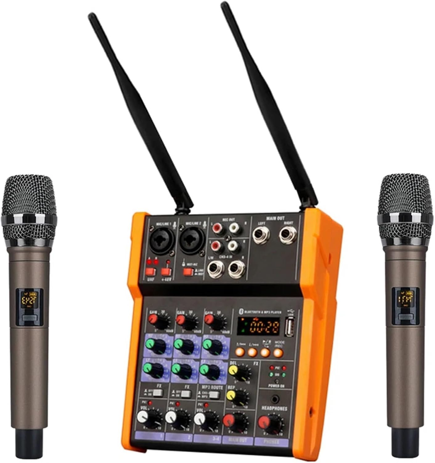 DJ Controller Woopker 4-Channel Audio Mixer Console with Wireless Microphone Sound Mixing USB input DJ Mixer DJ starter kit(Orange Set)