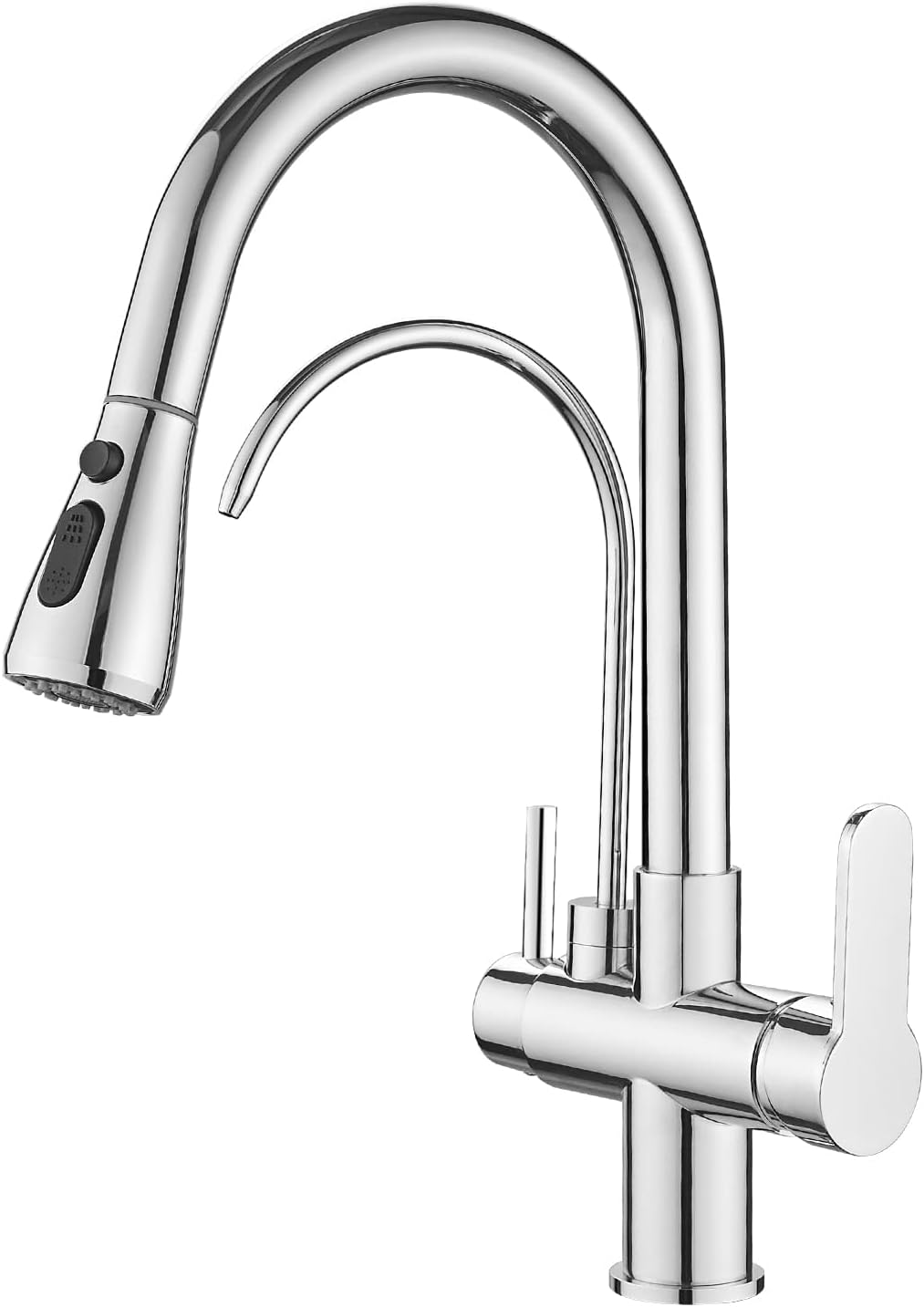 KEOKBON 3 Way Kitchen tap 360° Swivel 3 in 1 Drinking Water Tap, Kitchen Taps Triflow Mixer with Pull Out Spray and 2 Handles for Reverse Osmosis or Water Filtration System, Chrome Finished