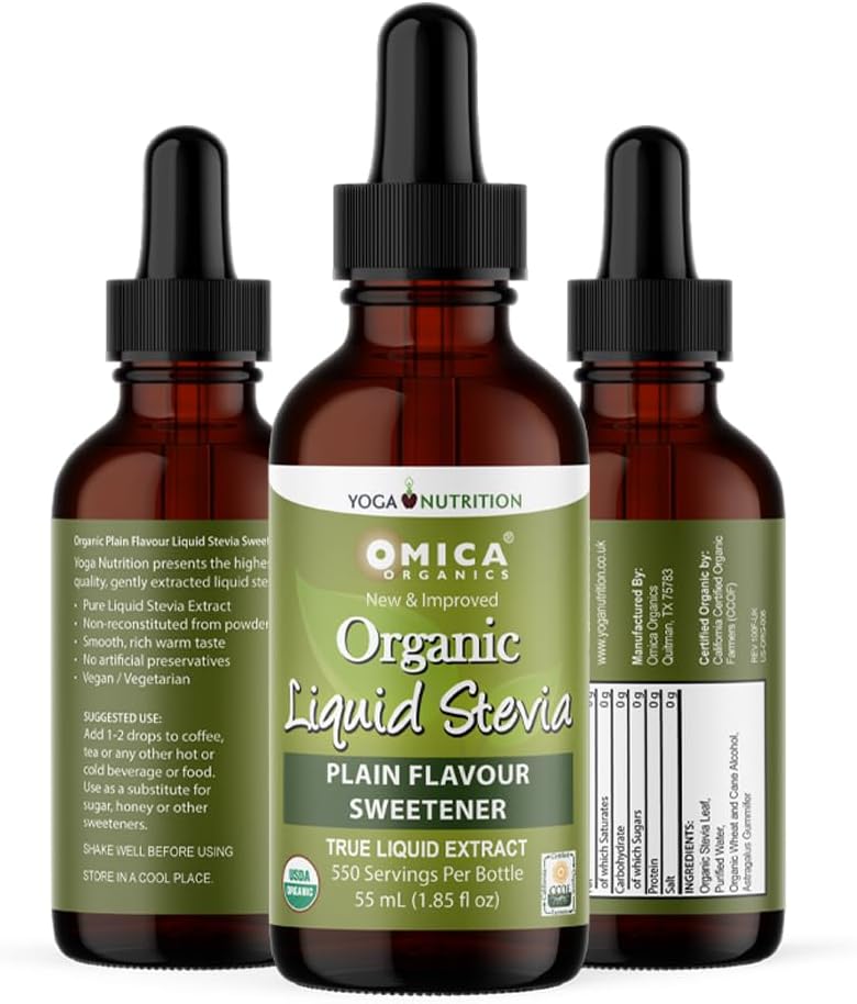 Organic Liquid Stevia Sweetener 60ml - Plain, Vanilla, Butterscotch, Peppermint or Lemon Flavour (Plain, 60ml x 1)