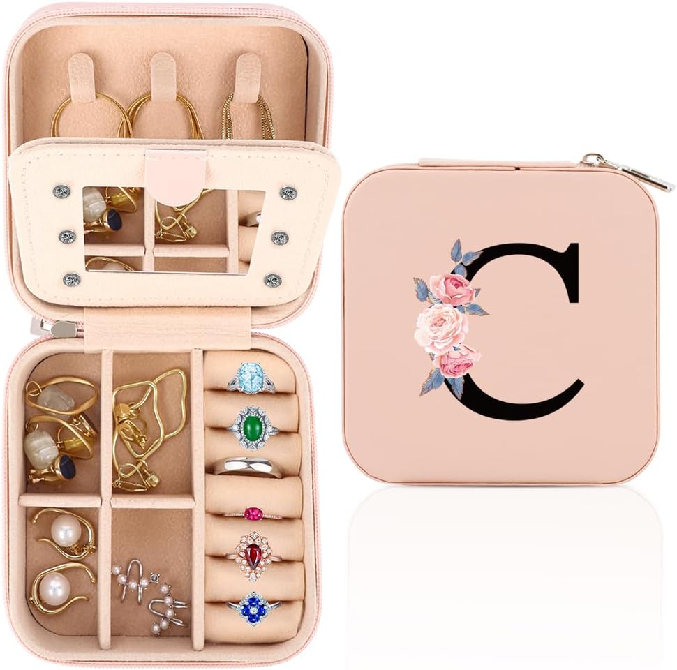 WALLFID Travel Jewellery Box,Alphabet Jewellery Organiser,Portable Jewellery Box,Small Travel Jewellery Storage Case with Mirror,Birthday Gift for Women,Mothers Birthday Valentines Day Gift Ideal(C)