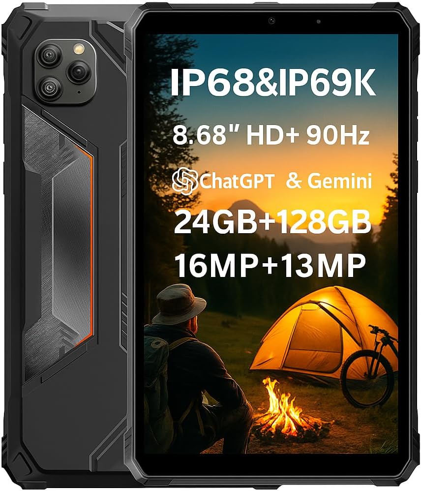 Blackview Active 5 Rugged AI Tablet Phone, 3 AI Models, 8.68" HD+ 90Hz, IP68/IP69K Waterproof Android 15, 24GB+128GB, Dual SIM 4G LTE, 16MP+13MP Camera, 6600mAh Battery, GPS WIFI Fingerprint Gray