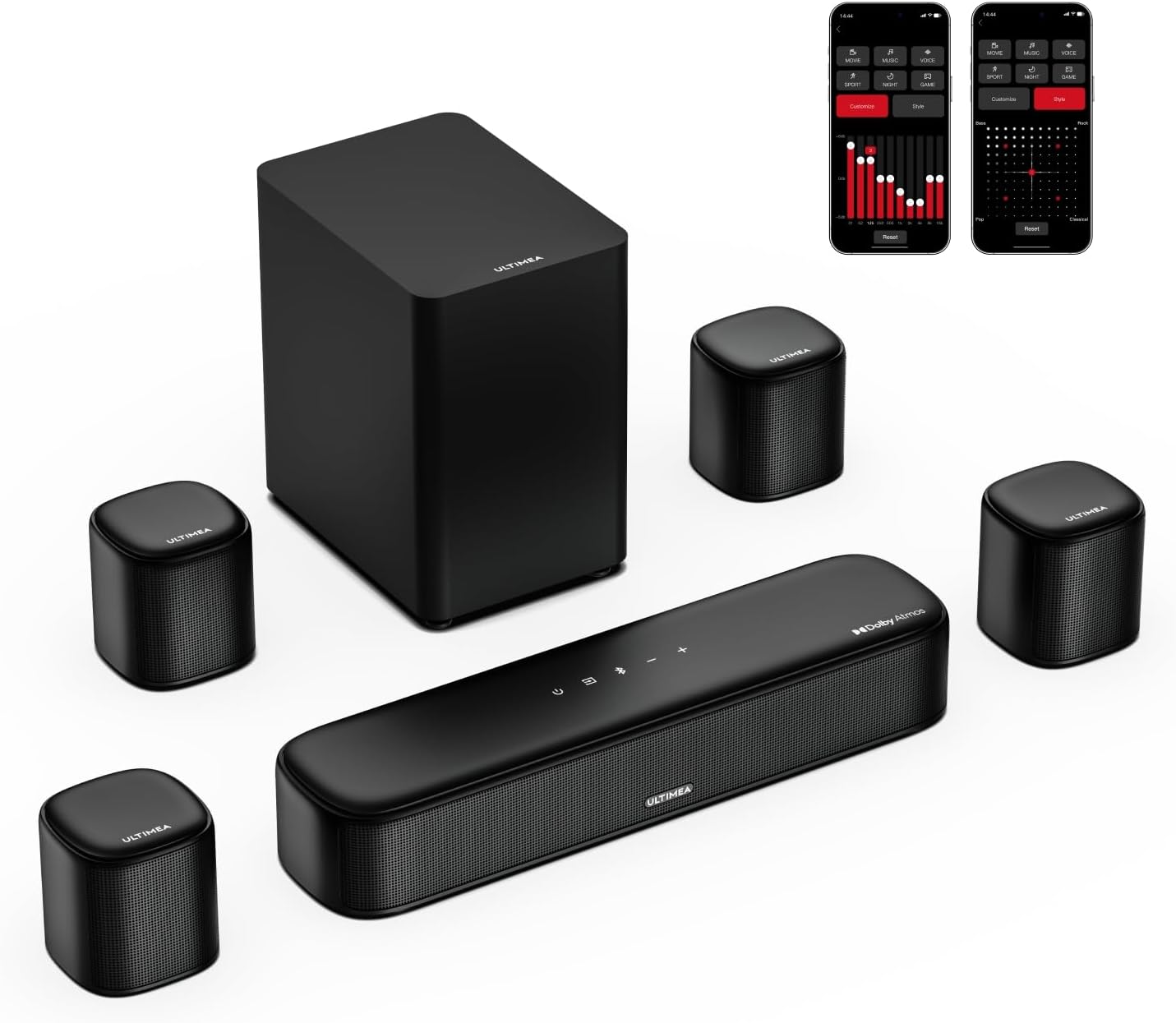 ULTIMEA 7.1ch Sound Bar with Dolby Atmos, Surround Sound System for TV with 4 Surround Speakers, Sound Bar for Smart TV with App Control, Soundbar with Subwoofer for Home Theater, HDMI eARC, Aura A60