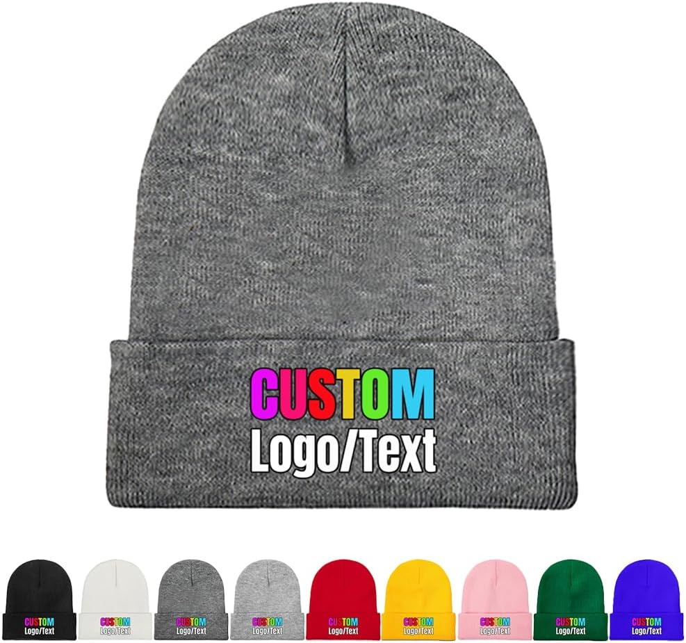 Custom Beanie Hats, Personalized Beanies Knit Cuffed Cap with Text Logo Name, Warm Gifts for Men Women