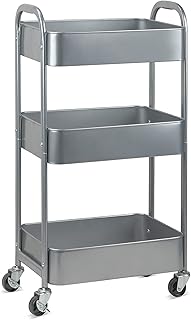 MAX Houser 3-Tier Kitchen Cart Multifunctional Rolling Utility Cart with Lockable Wheels, Storage Craft Art Cart Trolley Organizer Serving Cart Easy Assembly for Office, Bathroom,Kitchen(Silvery-Grey)