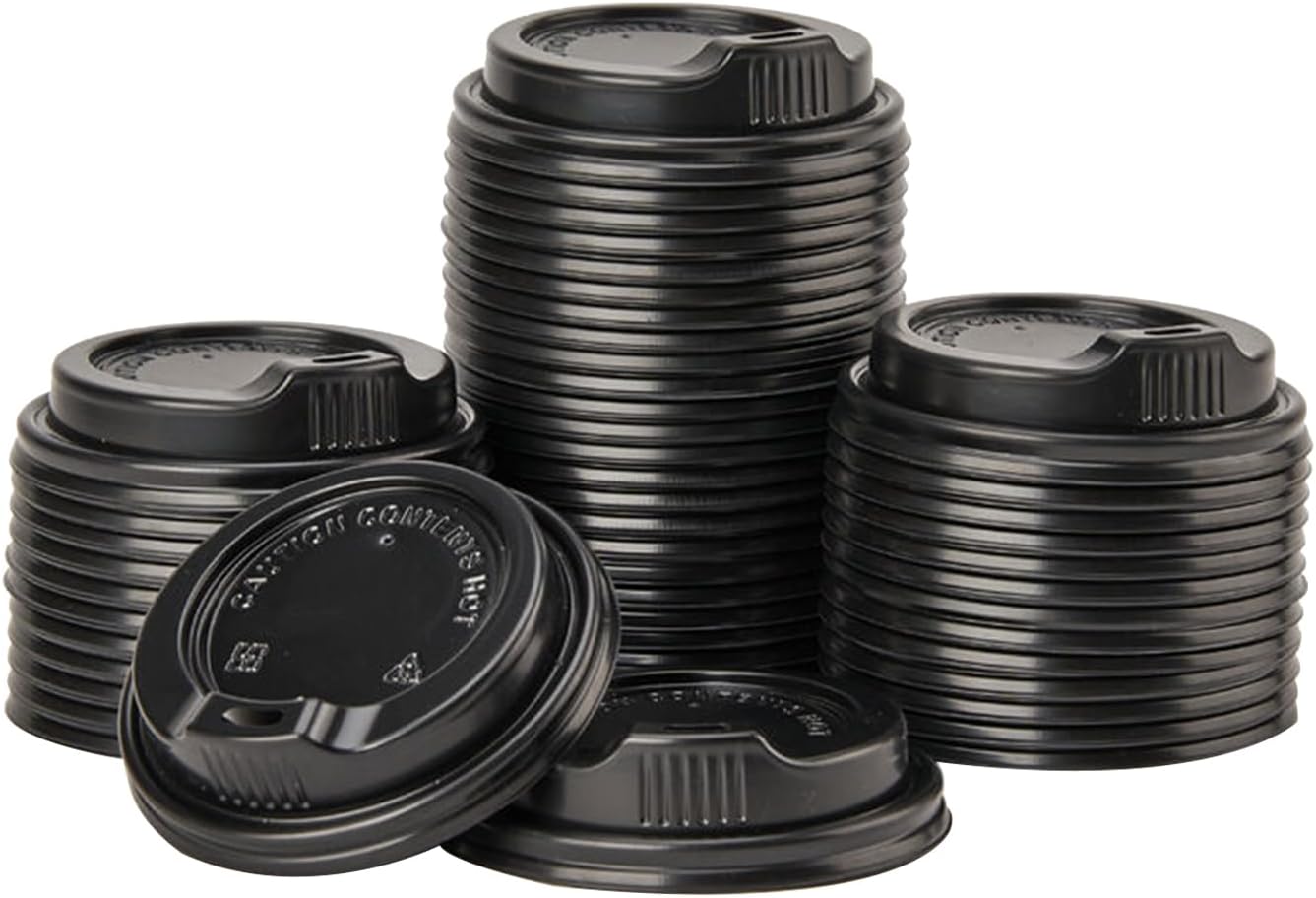 RACETOP [100 Count] Disposable Coffee Cups Lids for 12, 16, 20 oz, Paper Hot Coffee Cups Lids, To Go Coffee Cups Lids, Black Dome Plastic Lids