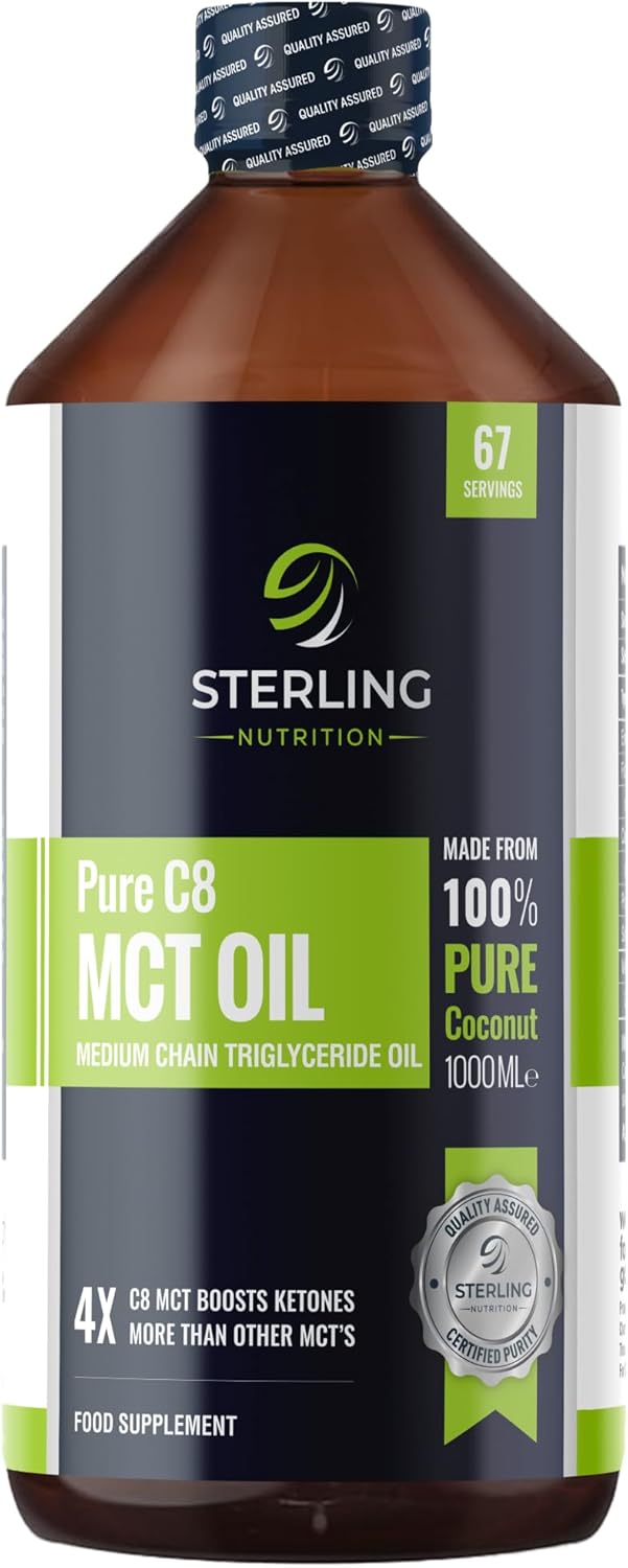 Pure C8 MCT Oil - 1000ml | 4X More Ketones for Keto Diet & Fasting | Safe & Premium Lab Tested 99.7% Purity | Made from 100% Sustainable Coconuts | Vegan Friendly & Gluten-Free | STERLING NUTRITION