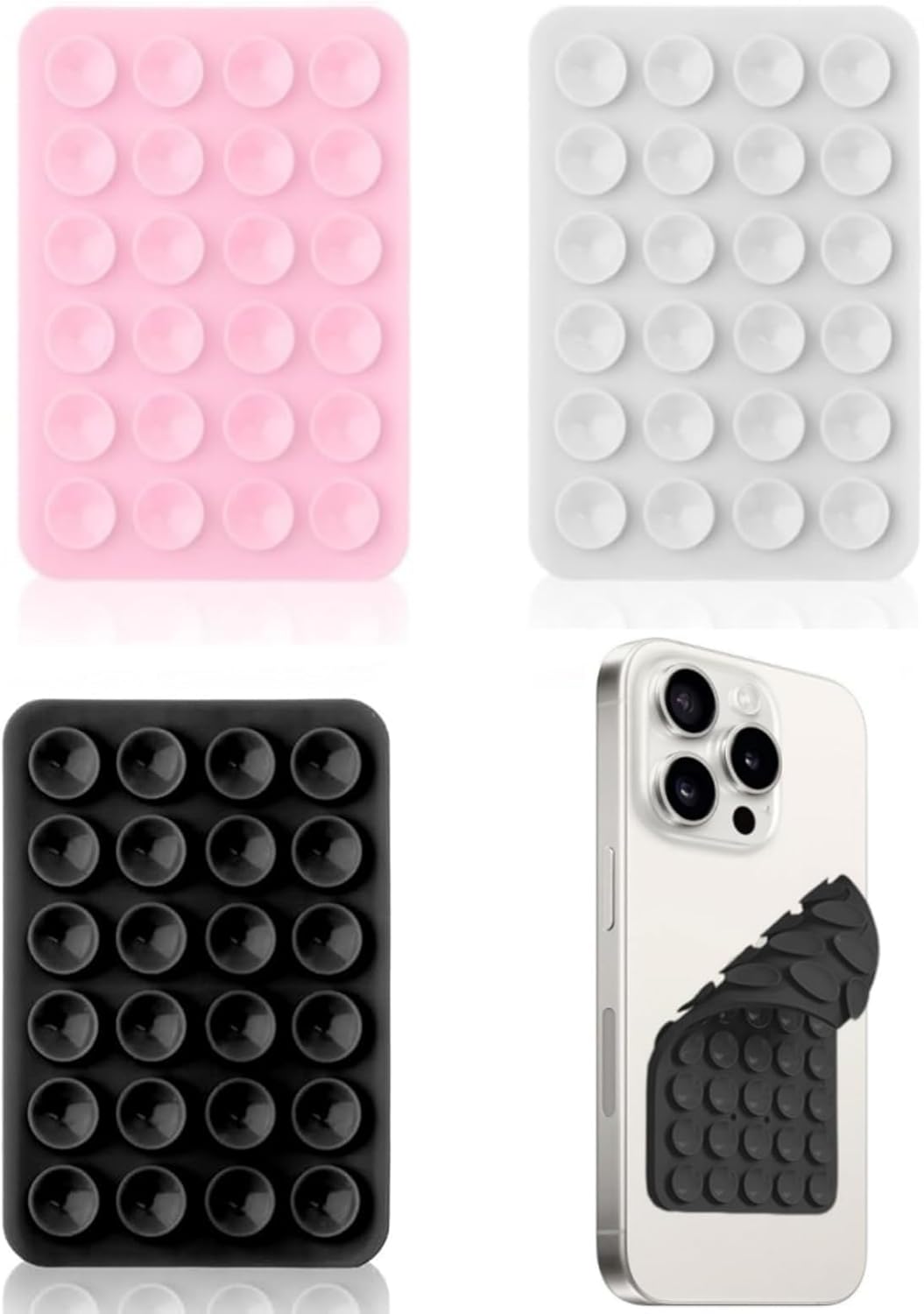 kcrnw 3Pack Silicone Suction Cup Phone Holder Double-Sided Adhesive Mount 24 Suction Grips Strong Anti-Slip Sticky Phone Case for Walls Gym Selfies Videos Glass Tile Mirror Black White Pink