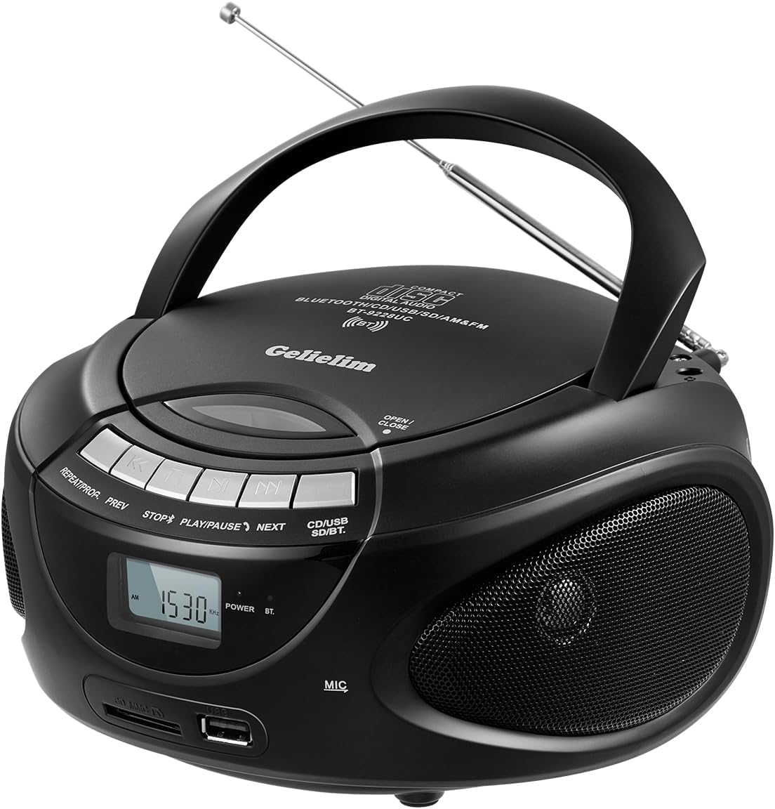 Gelielim Portable CD Player Boombox with Bluetooth, AM/FM Radio, CD Boombox Support USB, SD, MMC Drive, Aux Input, Headphone Jack, Loud Volume Stereo Sound, LCD Display, Mains and Battery