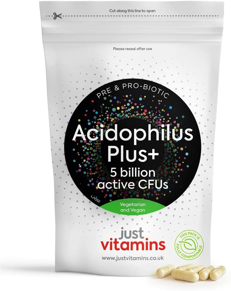 Acidophilus Plus Pre & Probiotic Complex | 5 Billion Non-Dairy CFU | 90 Vegan Capsules | High Strength Digestive & Gut Support Supplement | UK Made - Just Vitamins