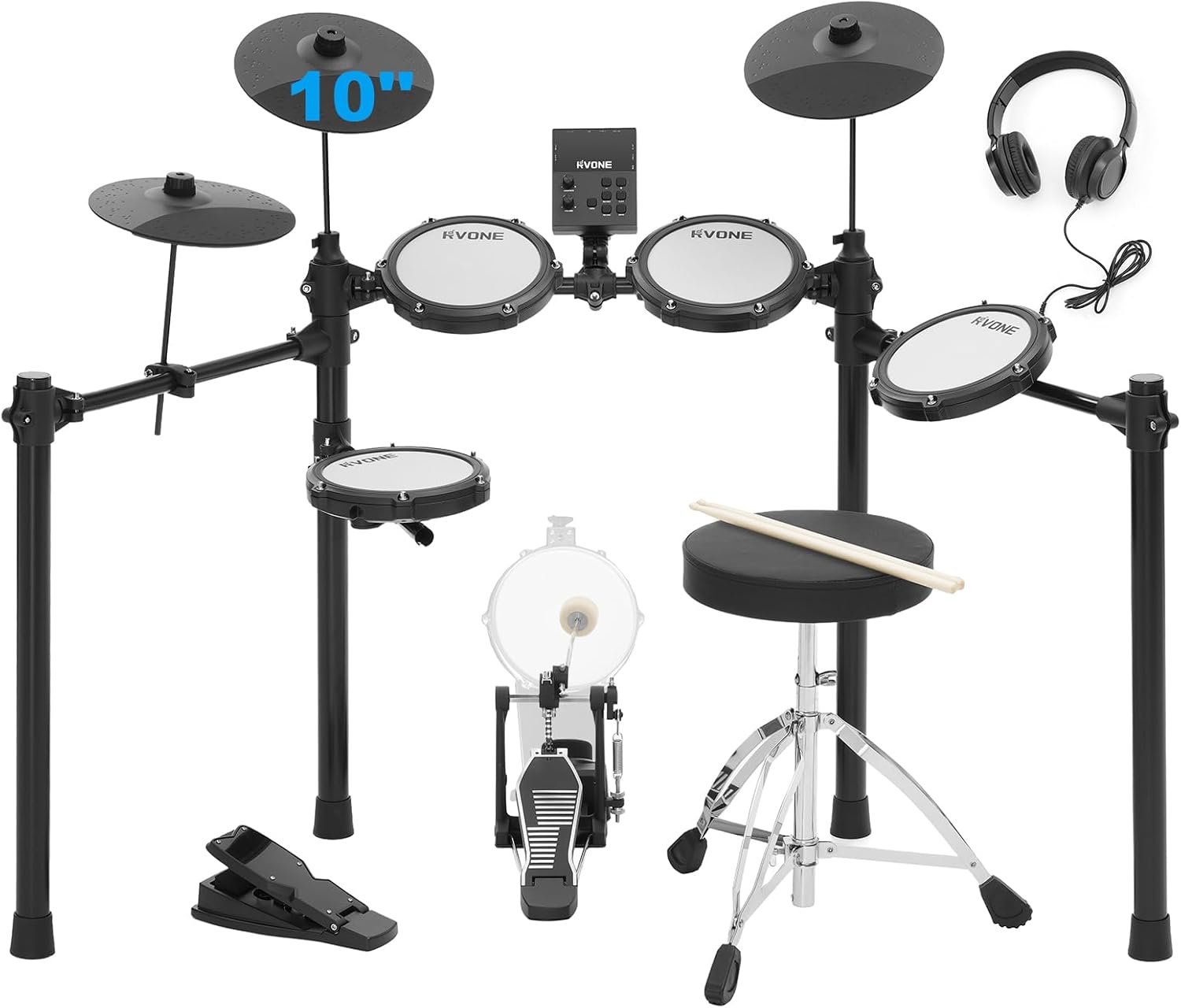 RVONE Electric Drum Set for Beginner with Kick Hammer Pedal,10" Cymbals, 4 Mesh Pads, Supports Sensitivity Adjustment,150 Sounds 15 drum kits, all-in-one drum set with Throne, Headphones, Sticks