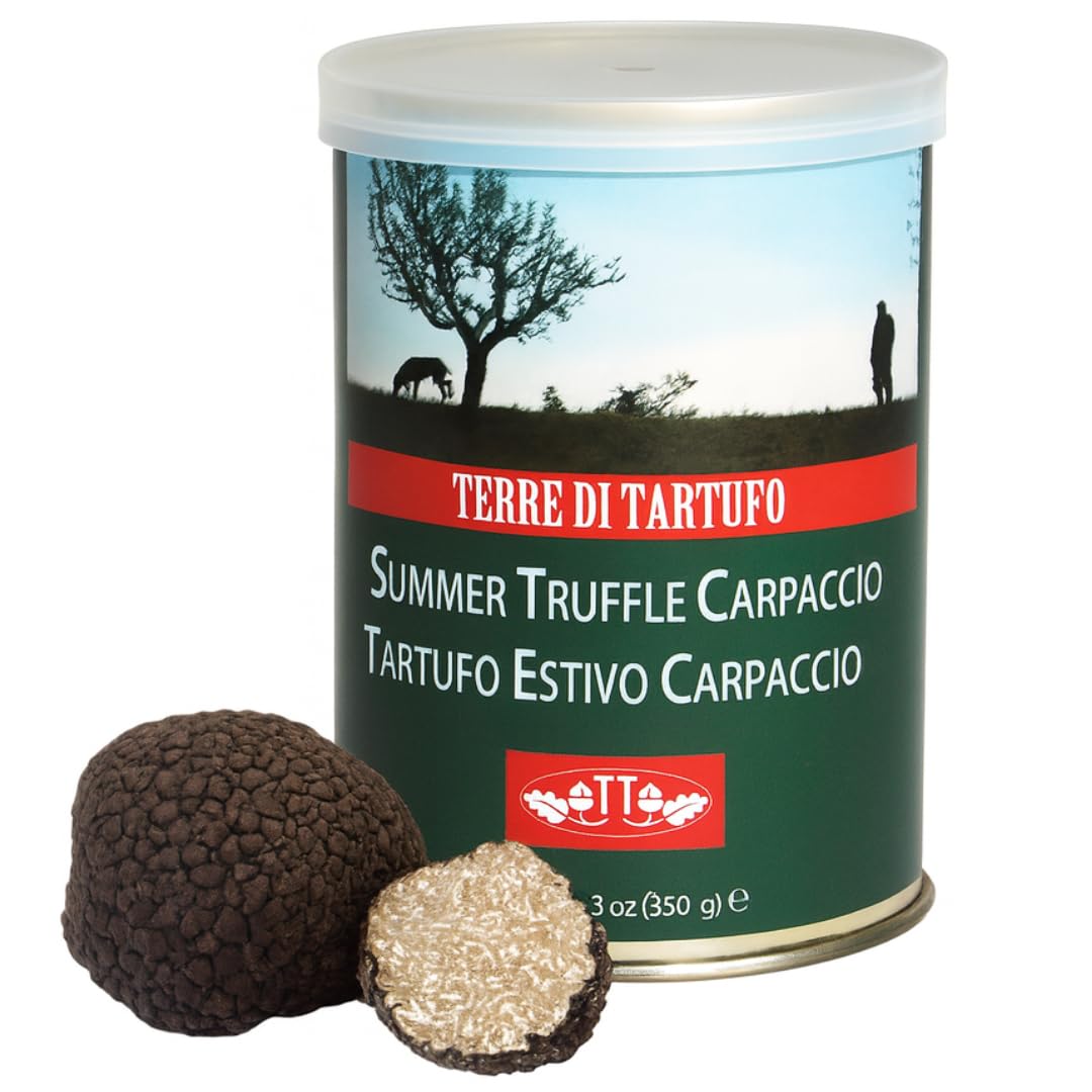 Terre di Tartufo Summer Truffle Carpaccio – Italian Black Summer Truffle Slices in Oil – Gourmet Ready-to-Use Truffle Garnish – Perfect for Pasta, Eggs & Risotto – 12.3oz (350g)