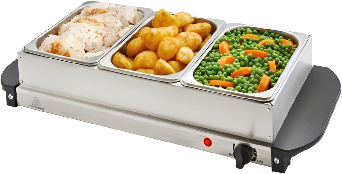 Vintage Gourmet® 3 Tray Food Warmer, All in One Buffet Server with Warming Plate Function,Turkey & Vegetables, Keeps Food Warm,Variable Temperature Control, Cool-Touch Handles 7.5 Litre 300W 64cm Wide