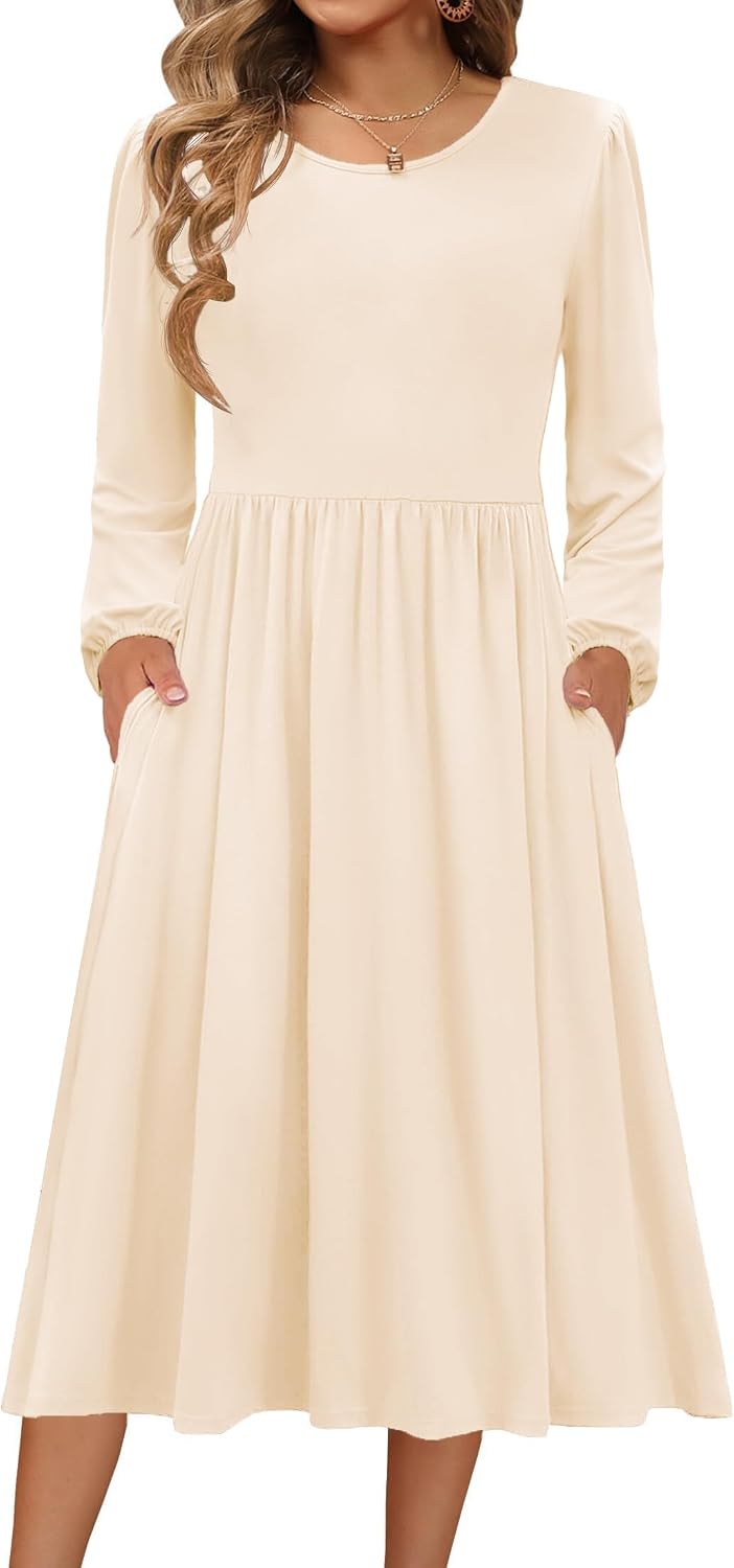 Zeagoo Dresses for Women UK Winter Long Sleeve Dress Crew Neck Midi Dresses