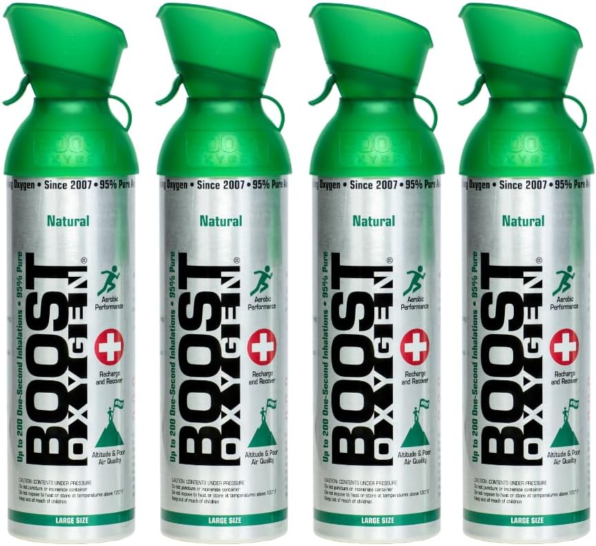 Boost Oxygen Large Natural 10 Liter Canister | Respiratory Support for Aerobic Recovery, Altitude, Performance and Health (4 Pack)
