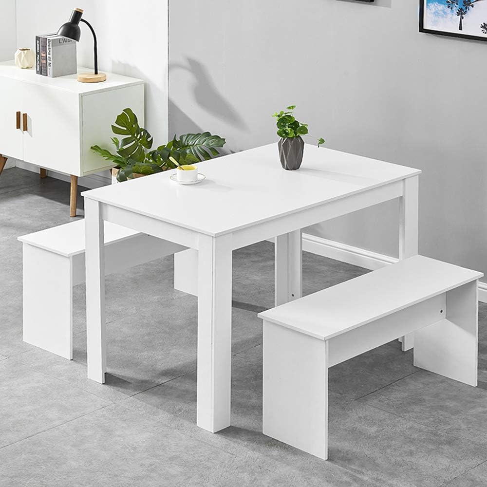 BELIFEGLORY Dining Table and 2 Benches, Space Saving 3 Pieces Wooden Furniture Set for Home, Kitchen, Office, Small Apartment (White)