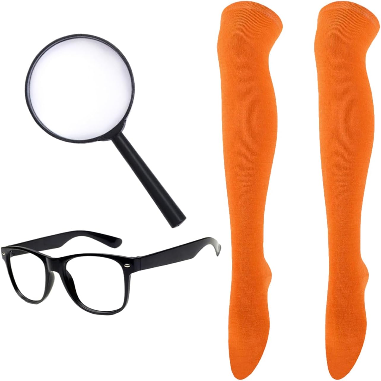 HIXNUG 3pcs Nerd Costume Set Orange Socks Plastic Magnifying Glass Nerd Glasses for Halloween Adults Teenagers Costume Accessories