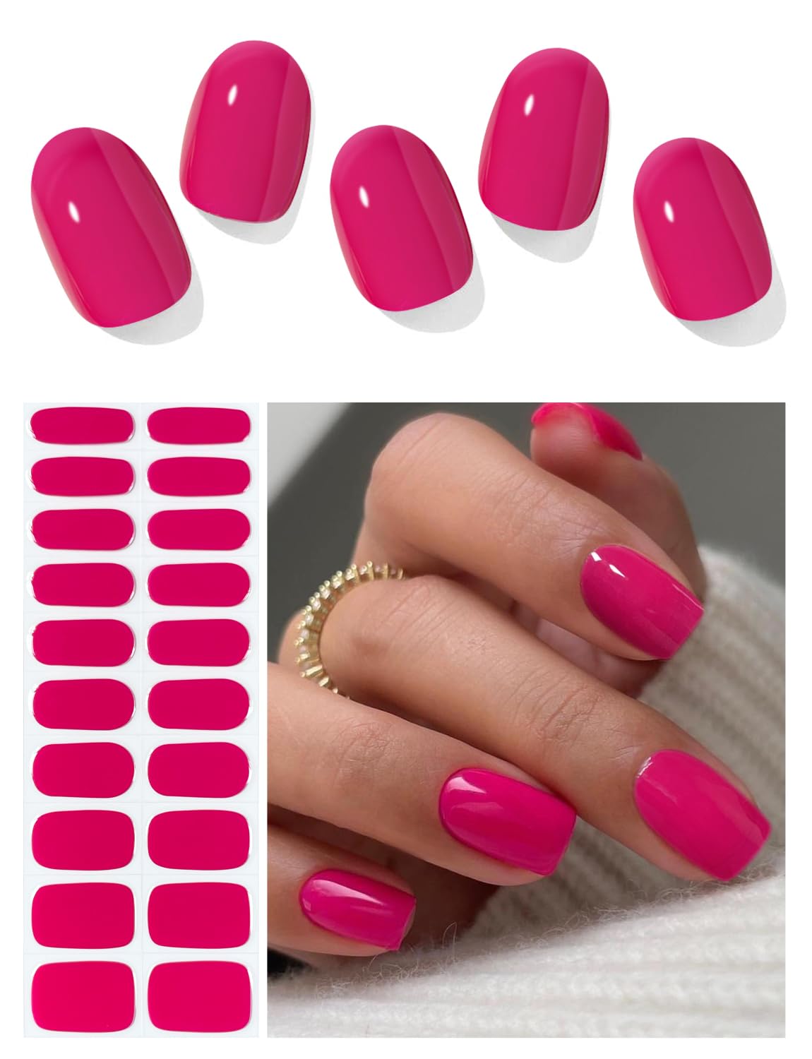 Semi Cured Gel Nail Strips (Berry Pink), 20 Pcs Gel Nail Wraps, Stickers, UV Light Required, Salon Quality, Long Lasting
