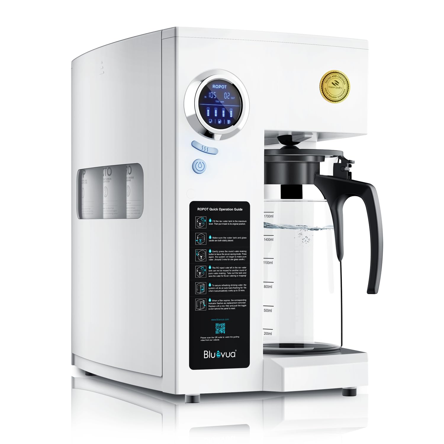Bluevua RO100ROPOT Reverse Osmosis System with 4-Stage Cleaning, Counter RO Filtration, 2:1 Pure Empty, Portable Water Purifier for Home