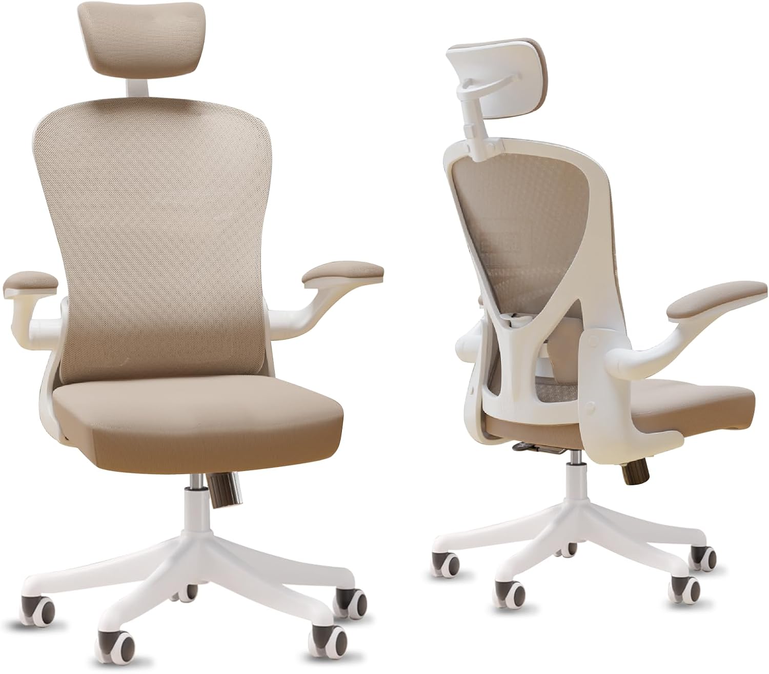 Office Chair, Home Office Desk Chairs with Wheels, Ergonomic Office Chairs with Lumbar Support and Thickened Cushion, Comfy Desk Chair with Adjustable Headrest and Flip-up Armrests, Khaki