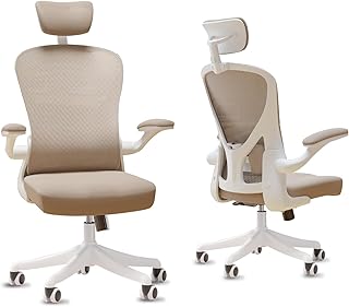 Office Chair, Home Office Desk Chairs with Wheels, Ergonomic Office Chairs with Lumbar Support and Thickened Cushion, Comfy Desk Chair with Adjustable Headrest and Flip-up Armrests, Khaki