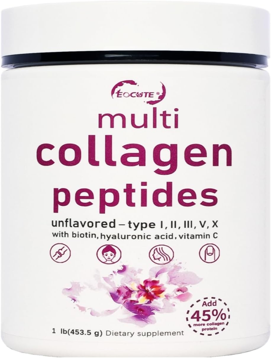 Multi Collagen Protein Powder, Hydrolyzed Collagen Peptides | Type I,II,III,V,X with Biotin 10000mcg, Hyaluronic Acid, Vitamin C – Unflavored – Keto & Paleo Friendly, Easy Dissolve, Non-GMO