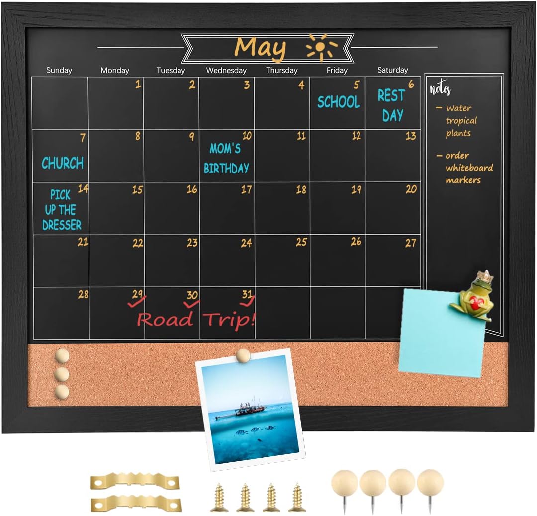 Umtiti Chalkboard Calendar and Bulletin Combo Board. Black Solid Wood Frame，Magnetic Surface Chalkboard.Perfect for Office, Home School Message Board,BK-3343A
