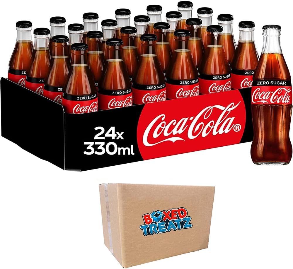 Coca Cola Zero Glass Bottles 24x330ml Sparkling Low Calorie Soft Drink Boxed by Treatz